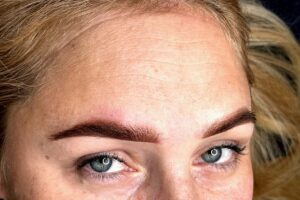 Frisch pigmentierte Powder Brows in Nahaufnahme – Augenbrauen Permanent Make-up München